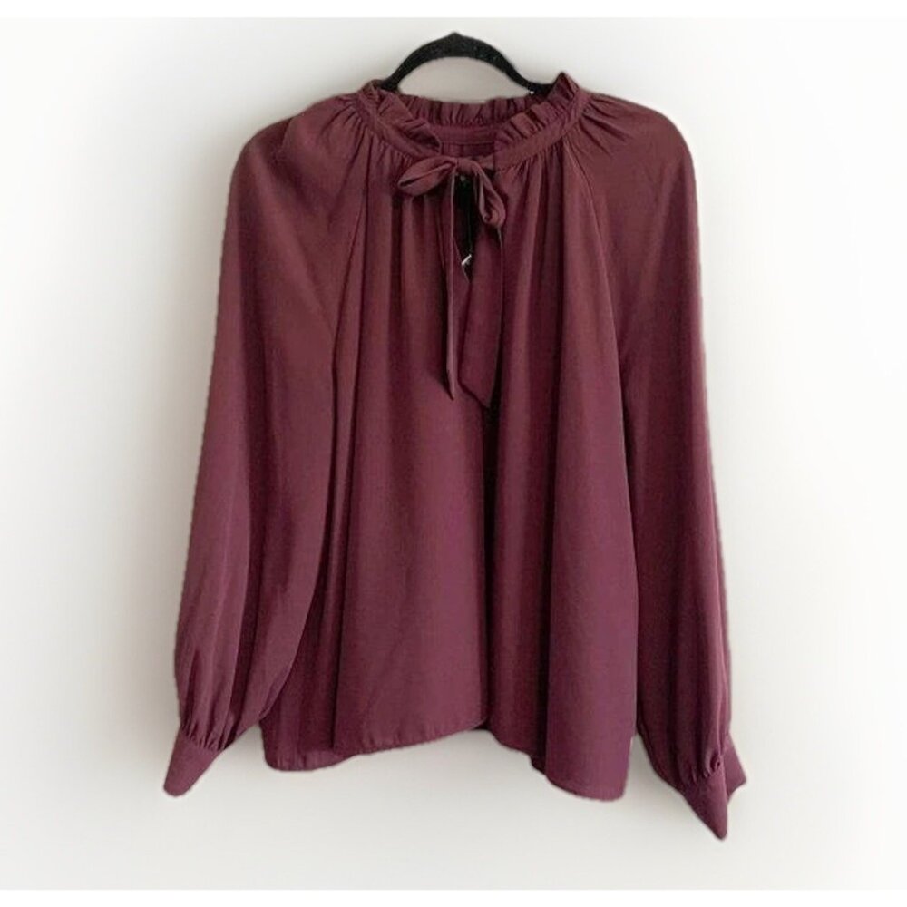 The Limited Women’s XLP Red Wine Ashton Top Ruffle Tie Neck Career Quiet Luxury